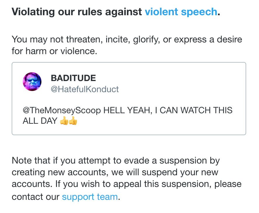 Twatter's VIOLENT SPEECH suspension